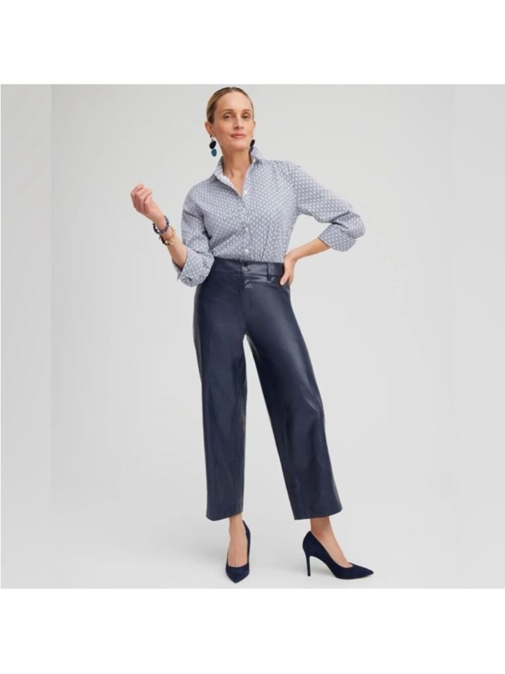 Chico’s Faux Leather Wide Leg Crop Pants Midnight Blue 8